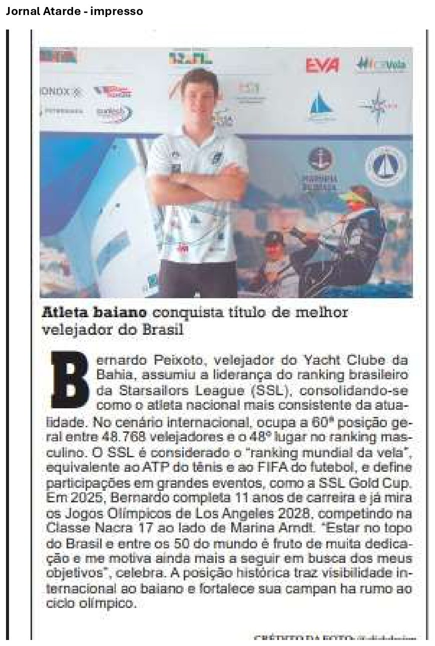 A Tarde · impresso: Atleta baiano conquista título de melhor velejador do Brasil
