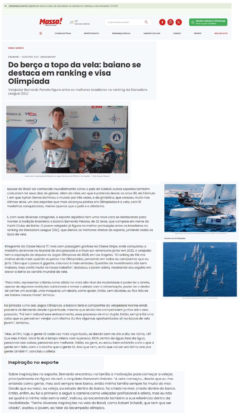 Jornal Massa: Do berço ao topo da vela: baiano se destaca em ranking e visa Olimpíada